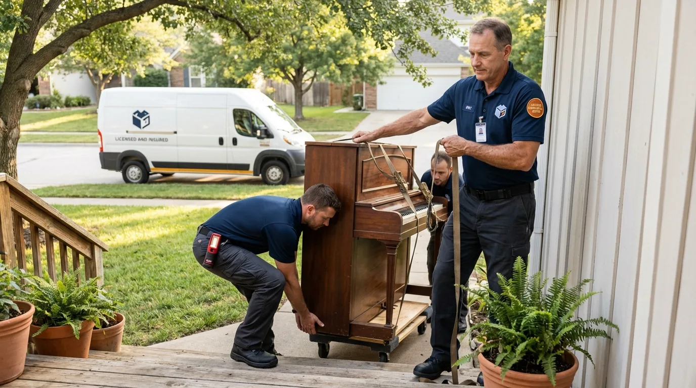 Licensed piano movers securing grand piano in Shelbyville, MO