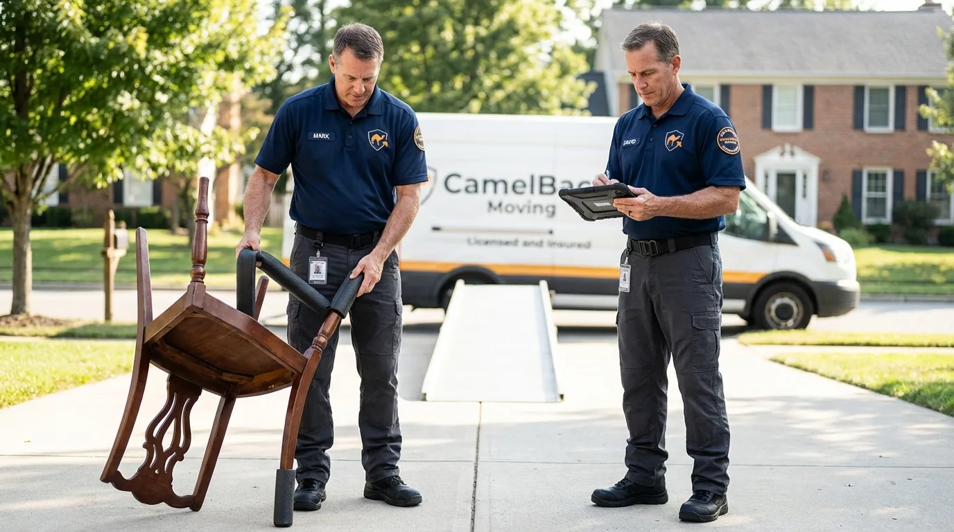 Movers inspecting furniture for damage prevention before loading in Shelbyville, MO