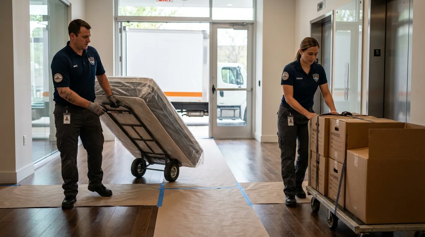Professional apartment movers loading elevator in Shelbyville, MO