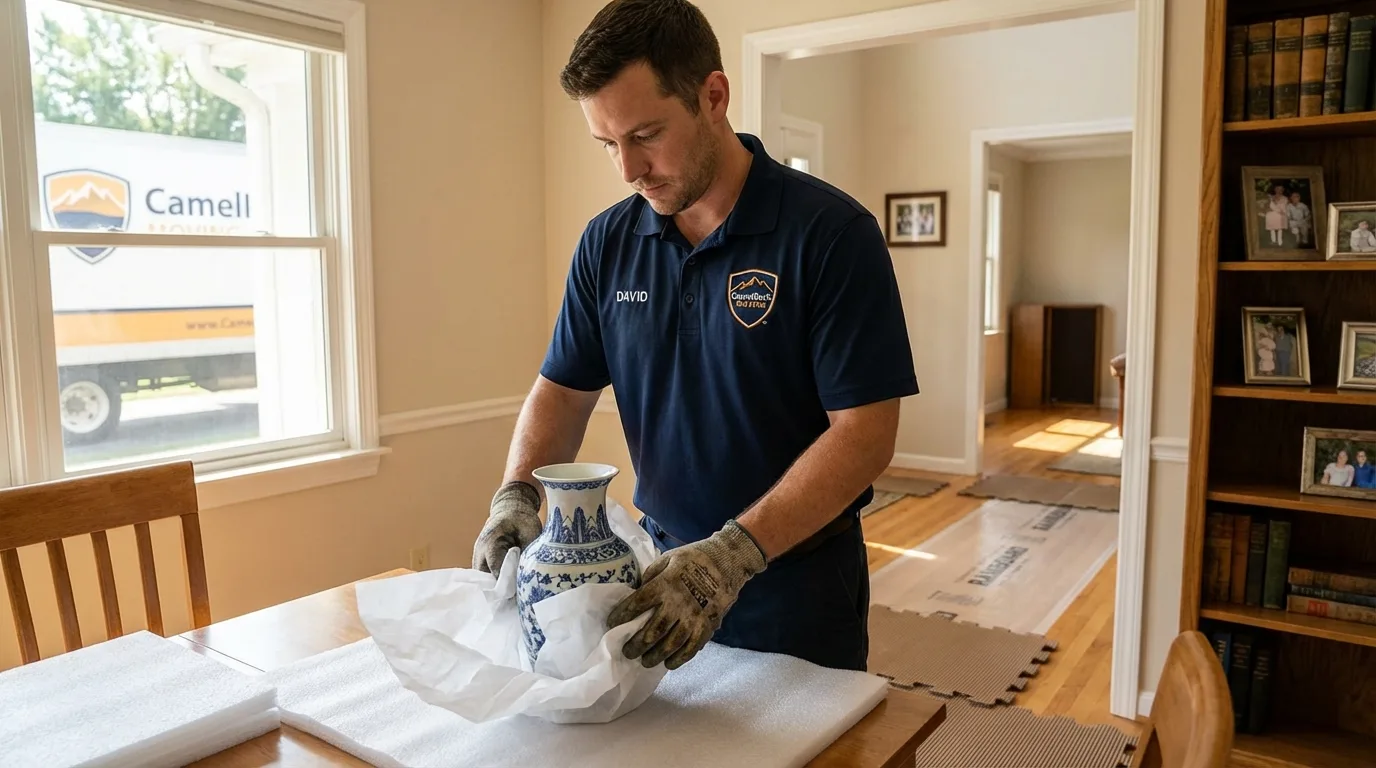 Professional crew carefully wrapping antique vase for senior downsizing move in Shelbyville, MO