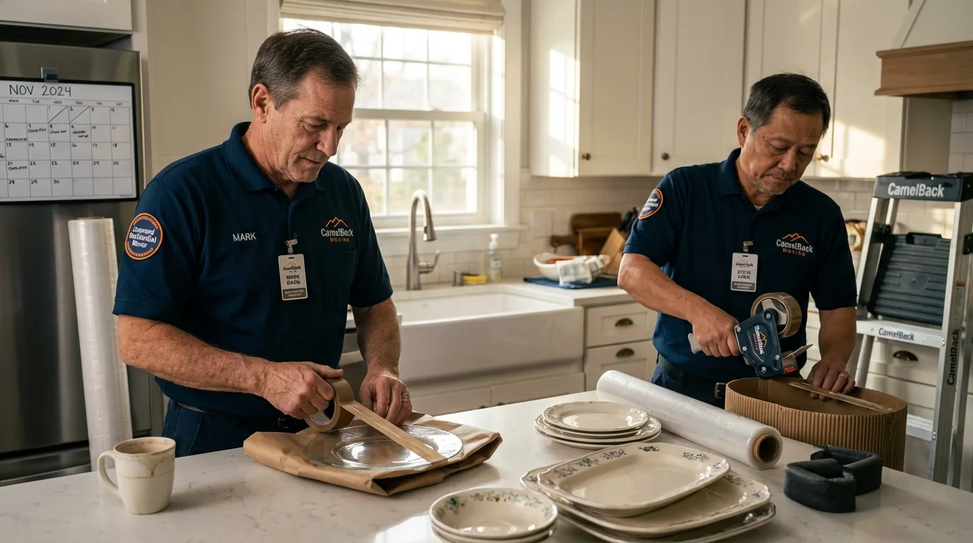Professional crew packing kitchen dishware in Shelbyville, MO